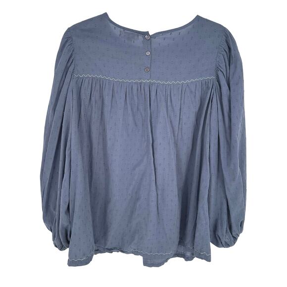 Max Studio Blue Embroidered Top Puff Sleeve M Relaxed Boho Peasant Cottagecore - Picture 2 of 9